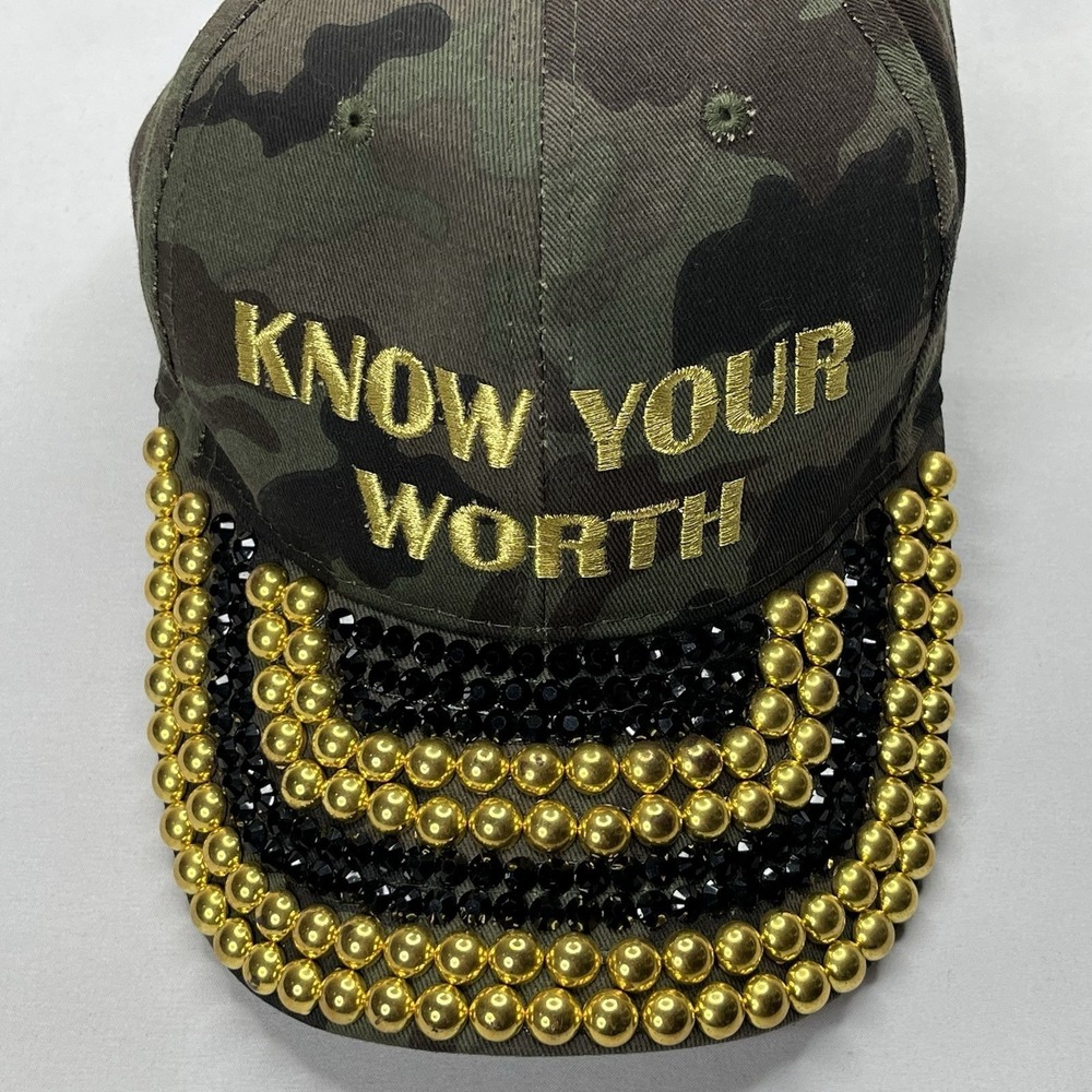 Camo Know Your Worth Baseball Cap Gold Beaded Rhinestone Bling Hat Adjustable
